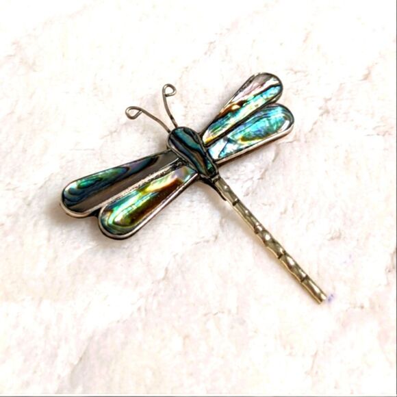 Vintage 80's Sterling Silver and Abalone Dragonfly Brooche - Picture 7 of 8